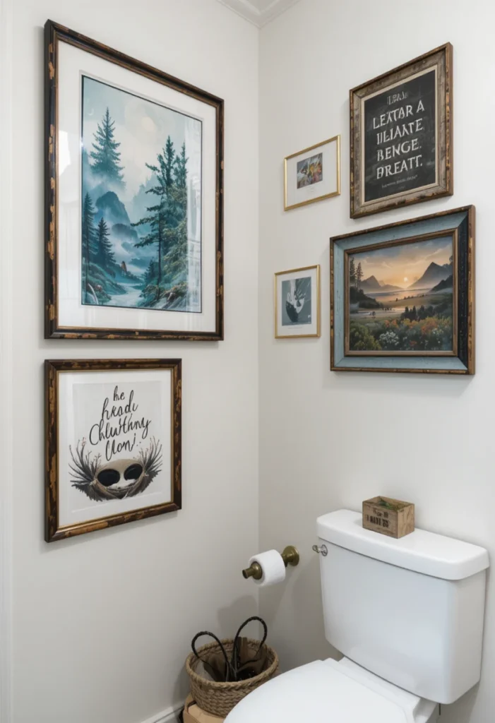 Bathroom wall art with prints and calming nature photography.