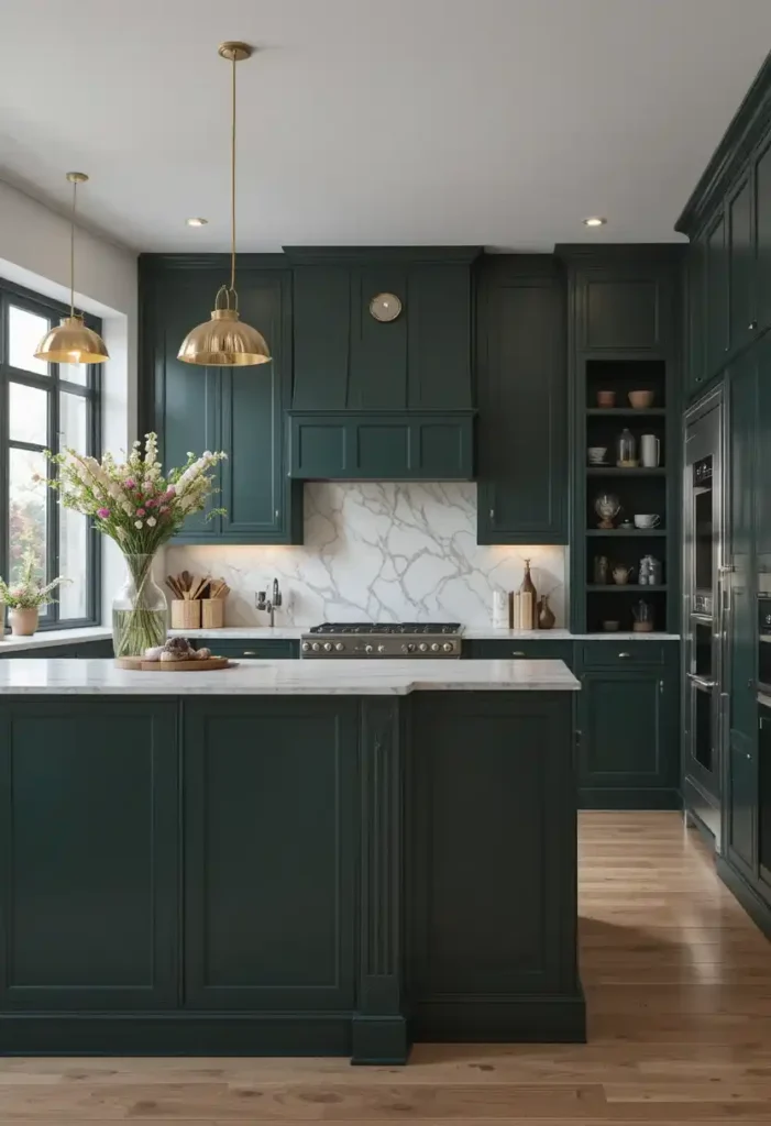 Dark green kitchen island with marble countertop