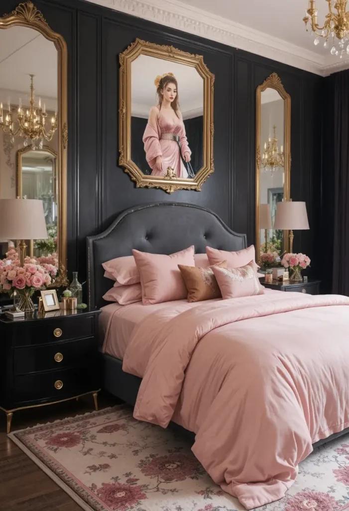 Pink and black bedroom elevated with gold accents for a luxurious feel.