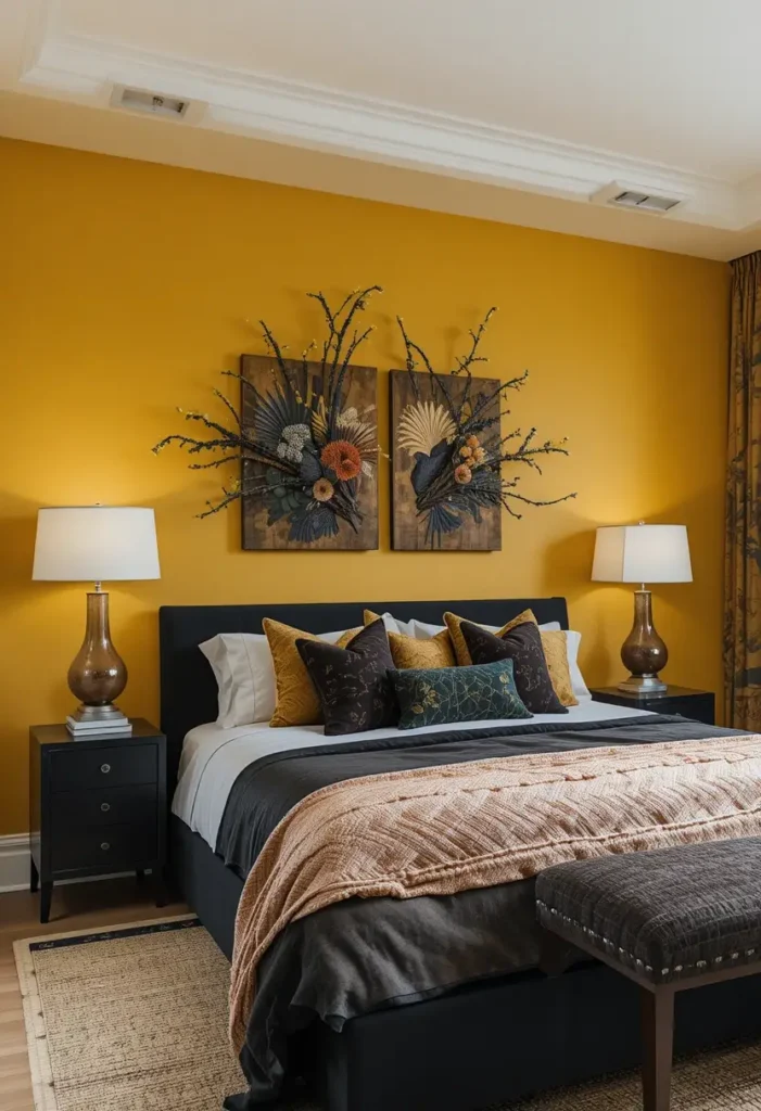 Mustard yellow bedroom with black furniture for bold contrast