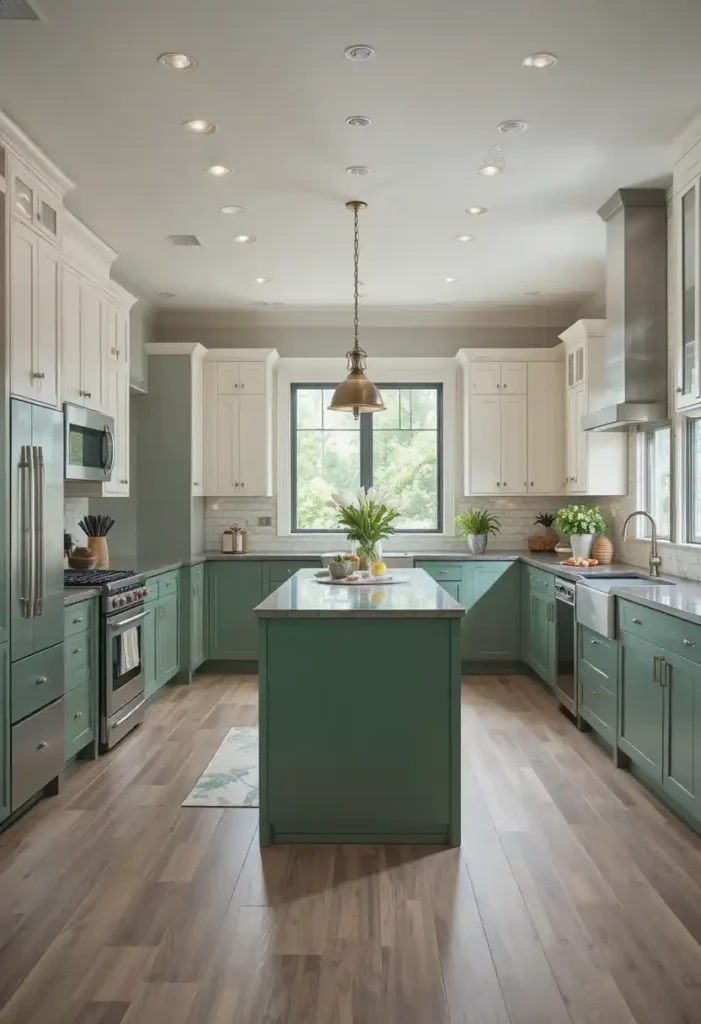 Green kitchen island in two-toned kitchen design