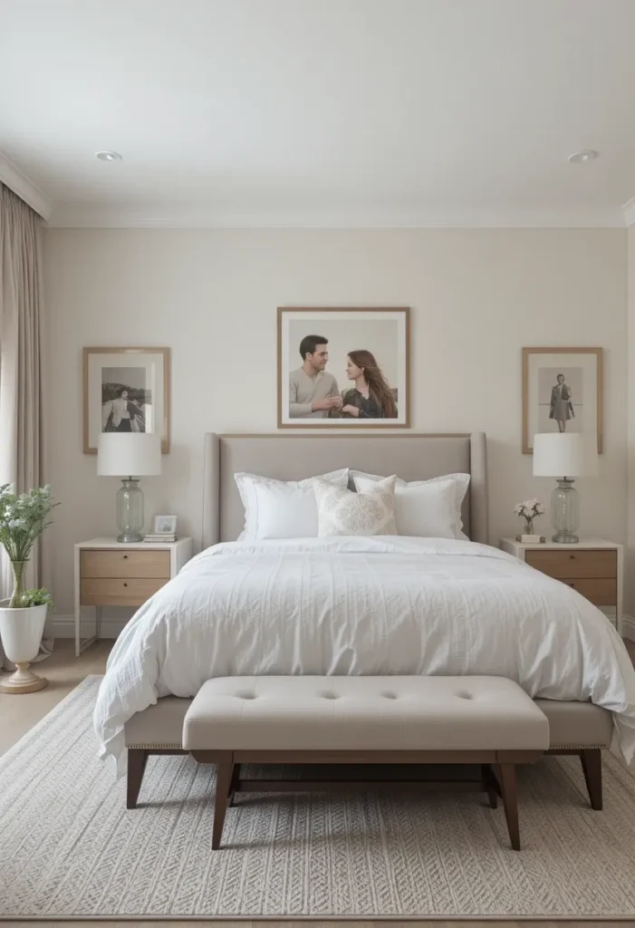 Personal yet uncluttered master bedroom wall decor