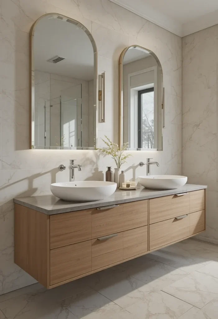 Double vanity with sinks and storage in a modern bathroom.