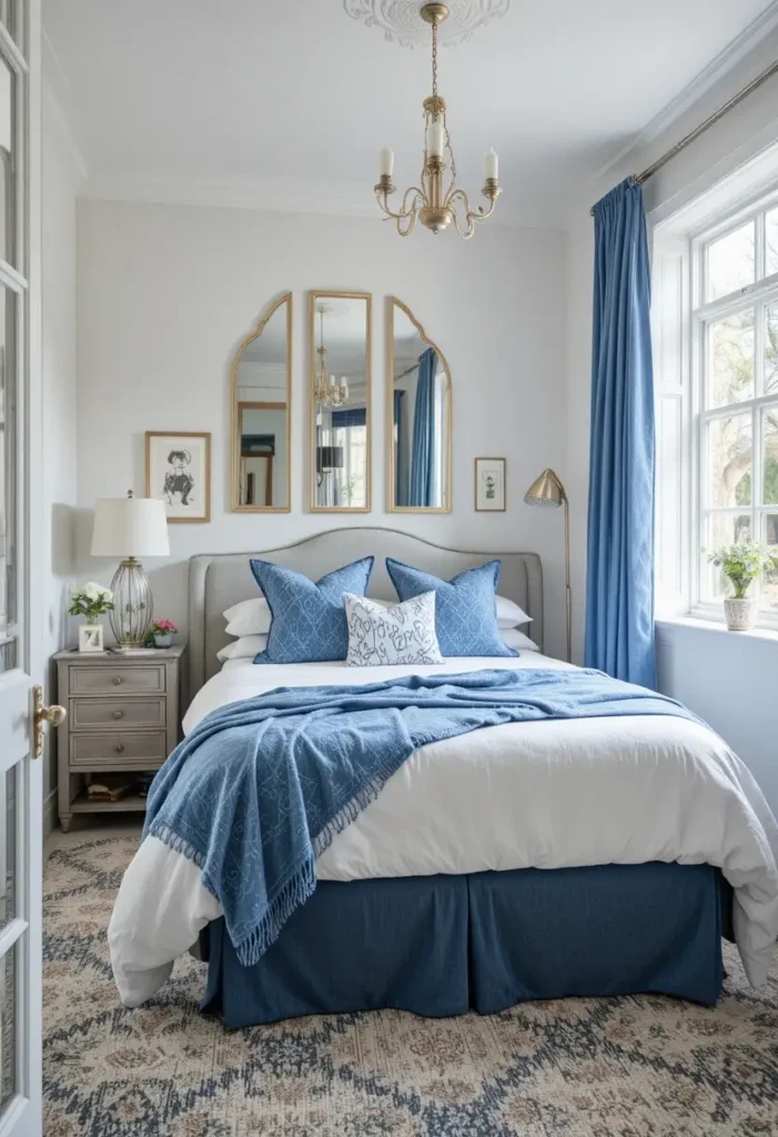 Blue and white bedroom design making a small room feel larger