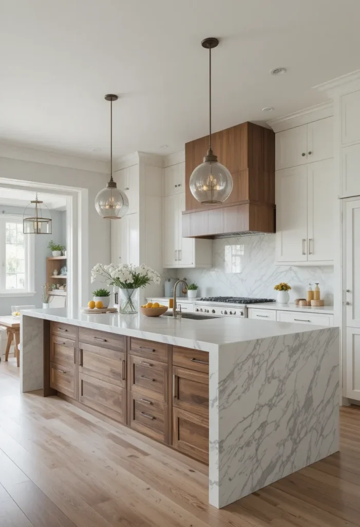 Kitchen island with waterfall edge featuring wood accents