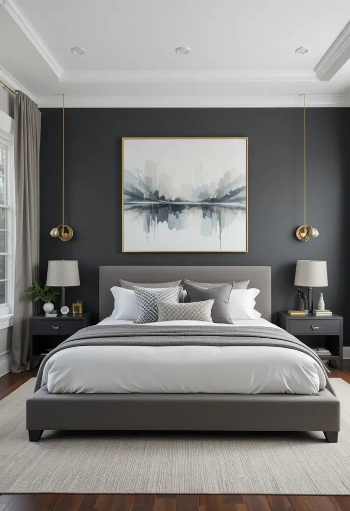 Dark gray bedroom with bold statement wall art