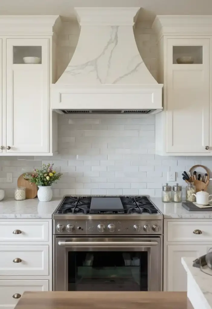 Full kitchen with bead board backsplash behind stove