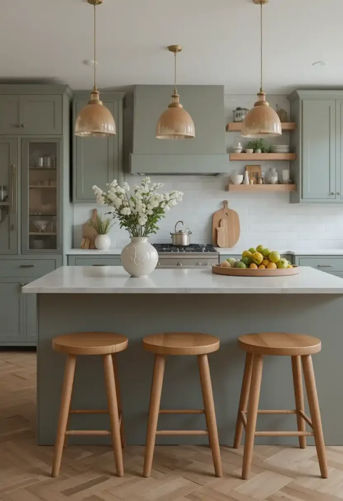 Muted green kitchen island creating a warm, elegant kitchen atmosphere