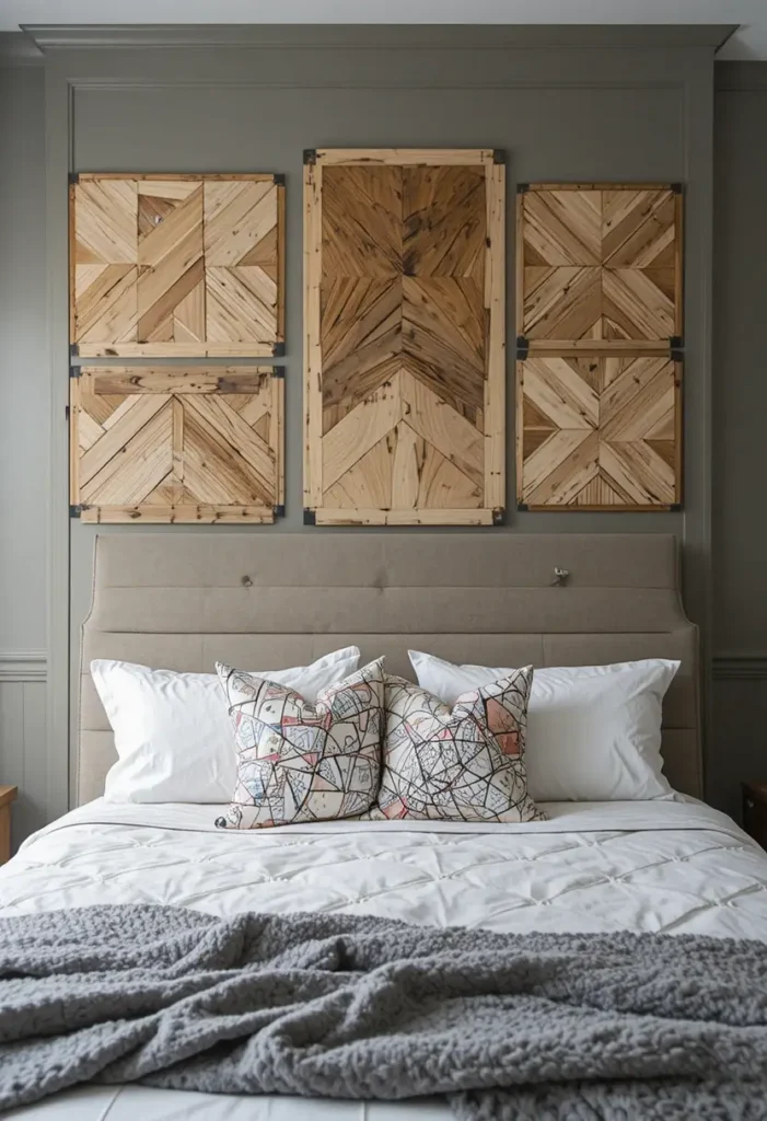 Bedroom wall featuring DIY geometric wooden panels for style.