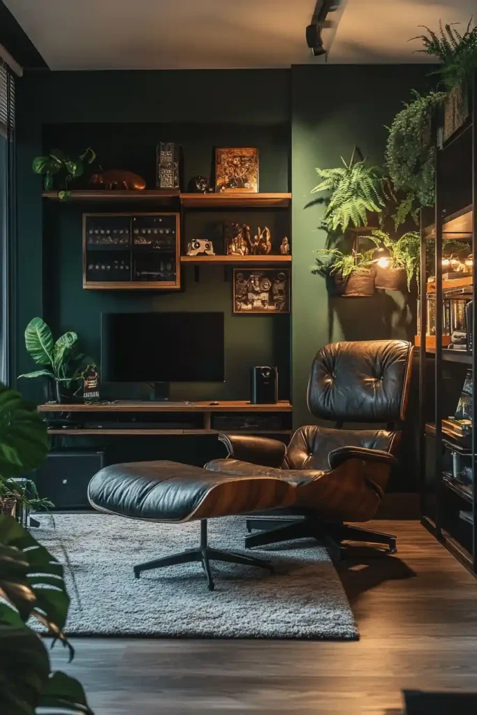 Nature-inspired gaming bedroom with plants and natural wood furniture