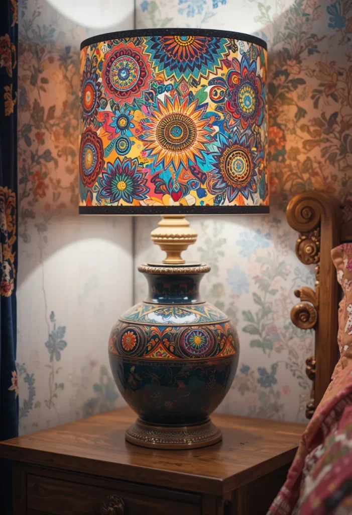 Boho bedroom lamp with vibrant patterns and textures