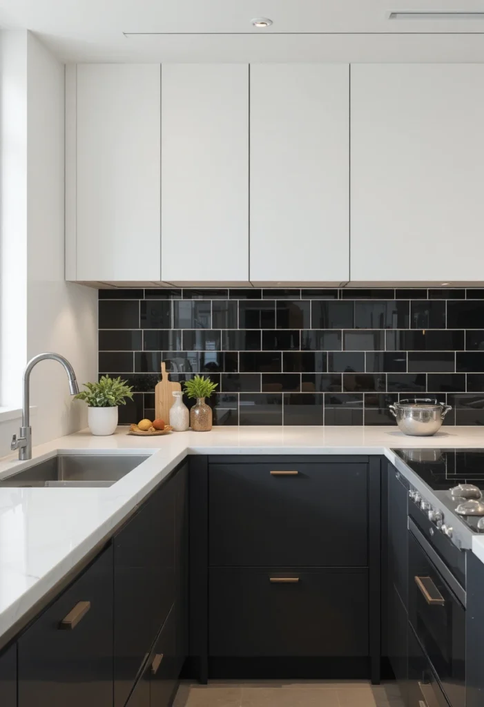White countertops with black kitchen backsplash