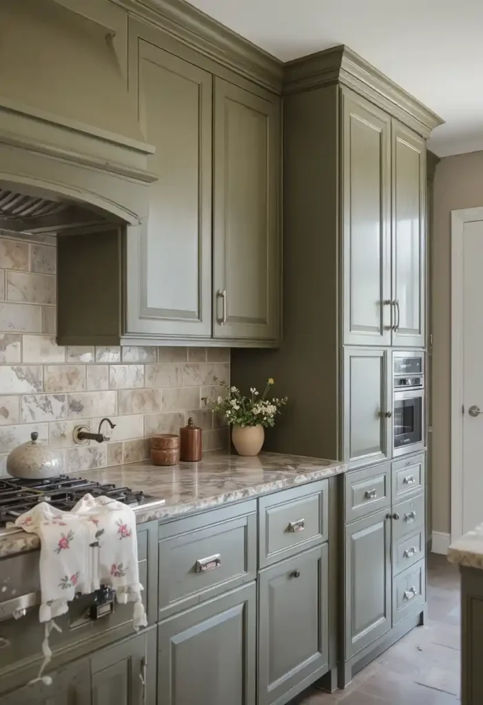 Olive green kitchen cabinets with stone countertops and neutral decor.