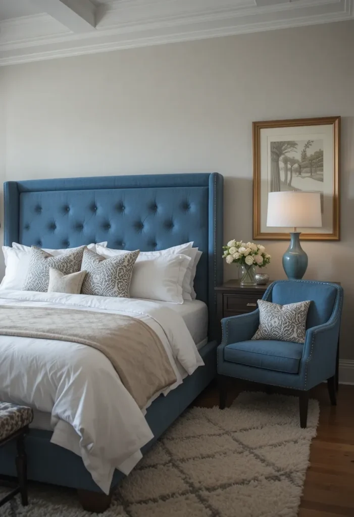 Blue accent furniture in a neutral bedroom