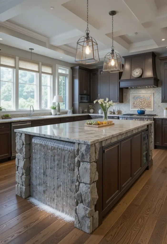 Waterfall island extending to floor for seamless luxury finish