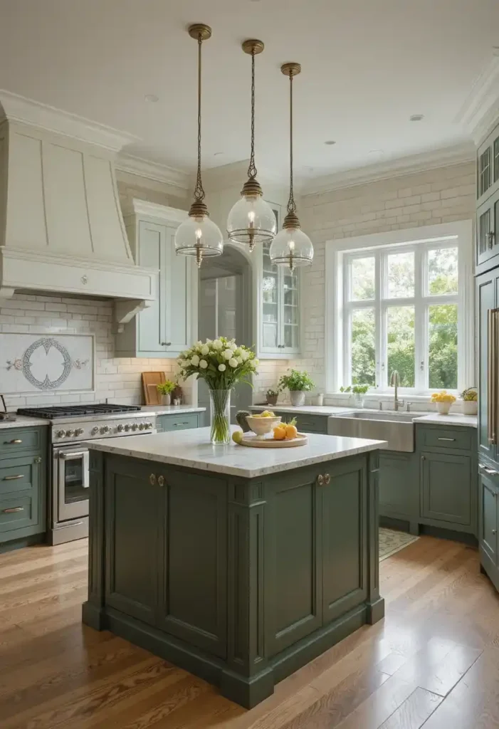 Green kitchen island anchoring contrasting cabinet design