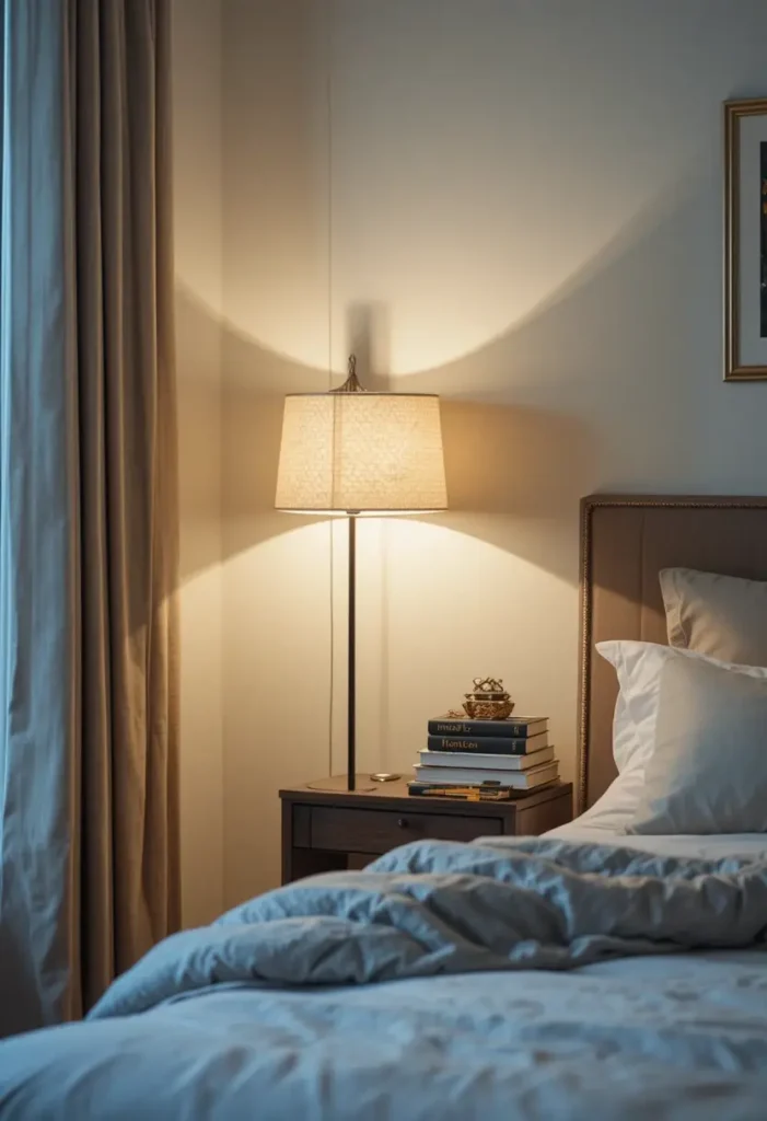 Chic modern floor lamp illuminating reading corner in bedroom