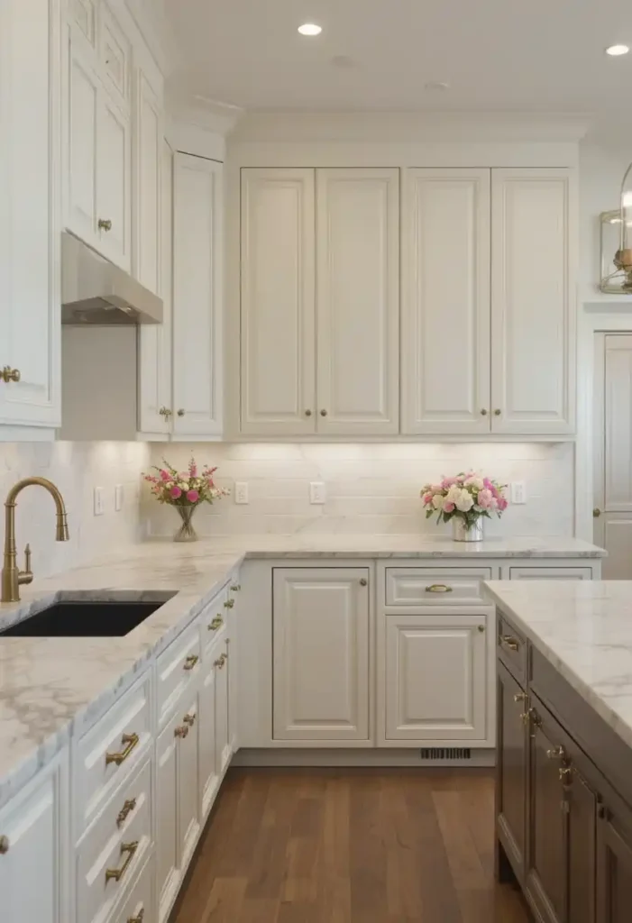 Cream kitchen cabinets with gold hardware and marble countertops.