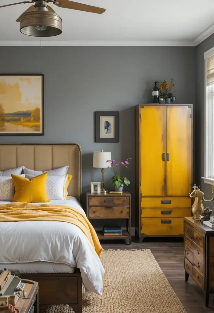 Industrial-style bedroom with mustard yellow and grey combination