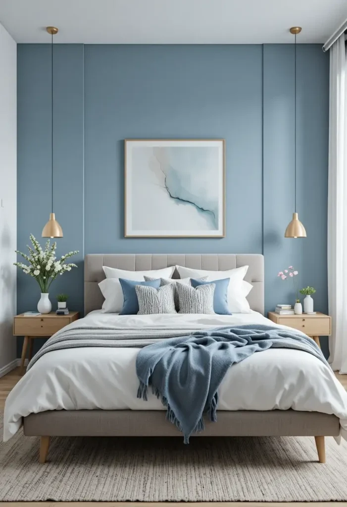 Bedroom with soft blue accent wall behind minimalist bed and decor.