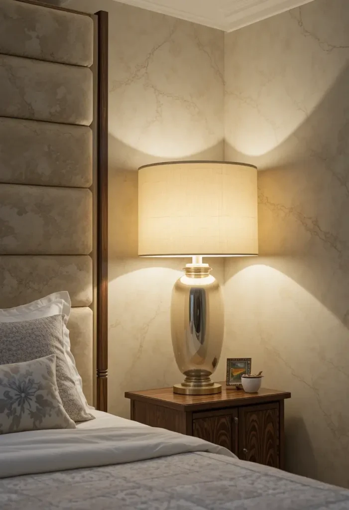 Large bedroom lamp creating striking focal point in master bedroom