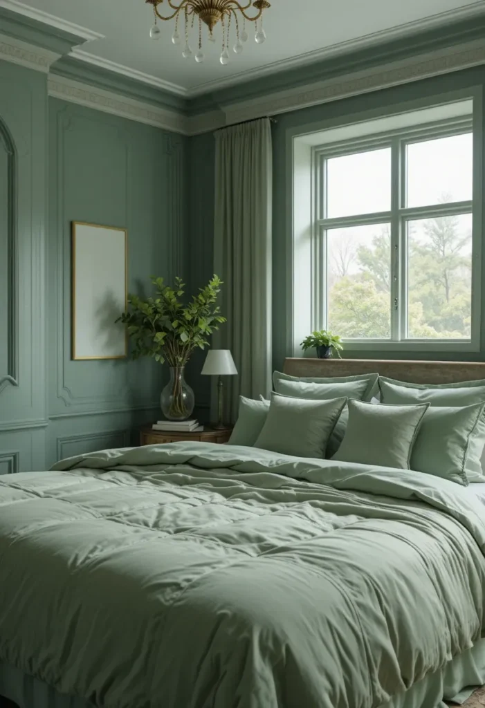 Layered green tones in bedroom for depth and calm