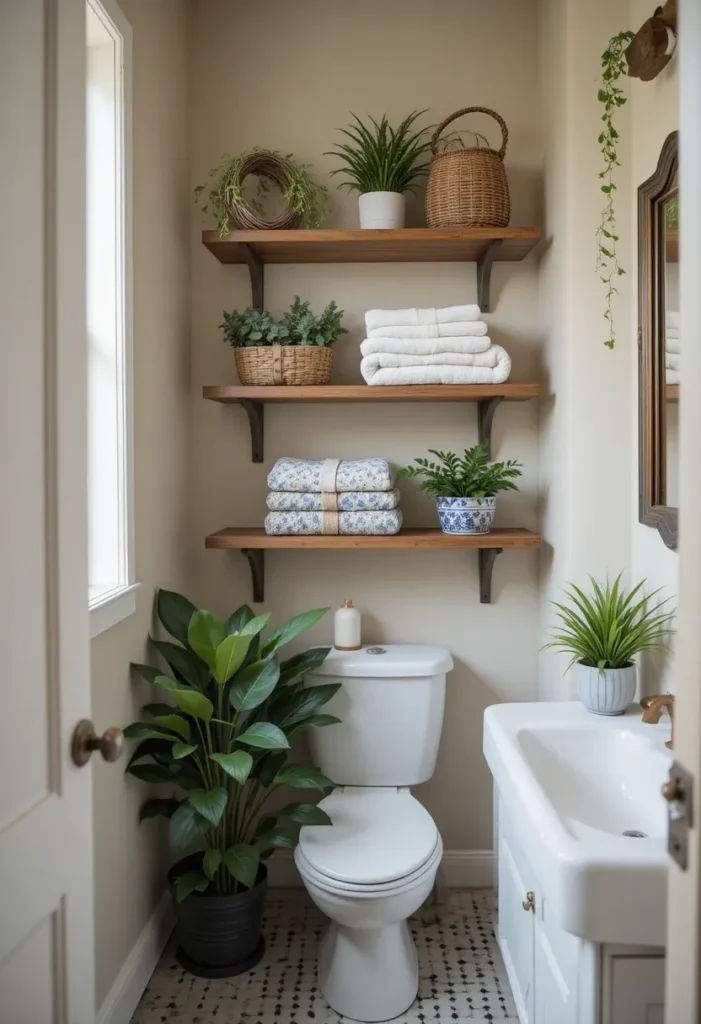 Corner shelving in small bathroom efficiently storing essentials.