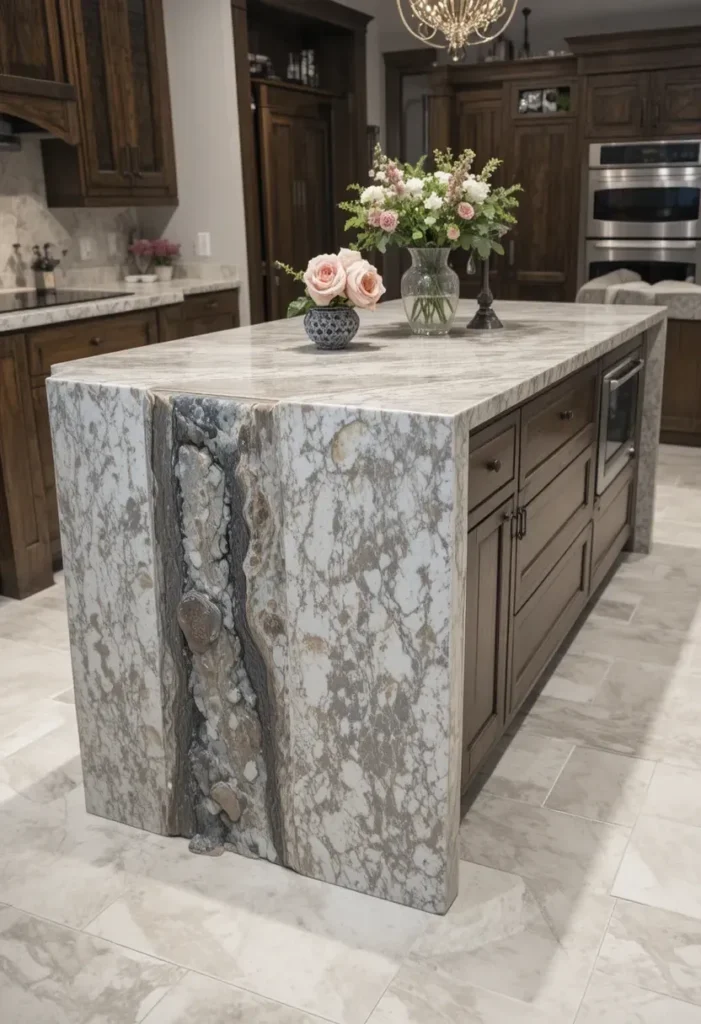 Textured waterfall kitchen island combining stone countertop and wood base