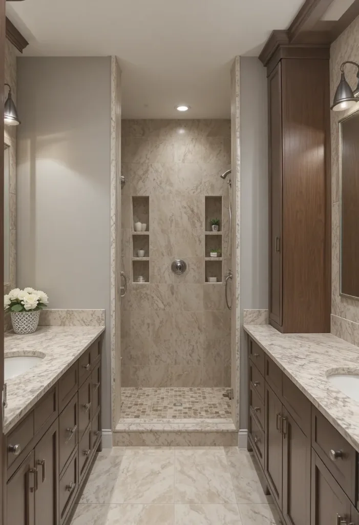 Primary bathroom with smart storage and clean surfaces.