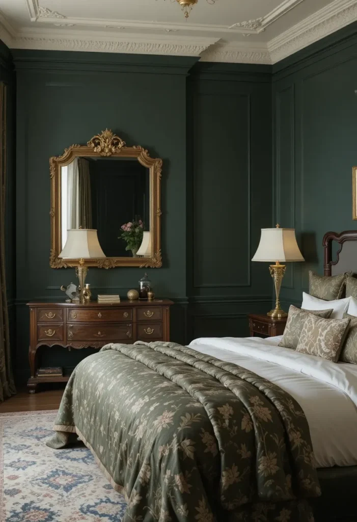 “Dark green bedroom with gold accents for luxury