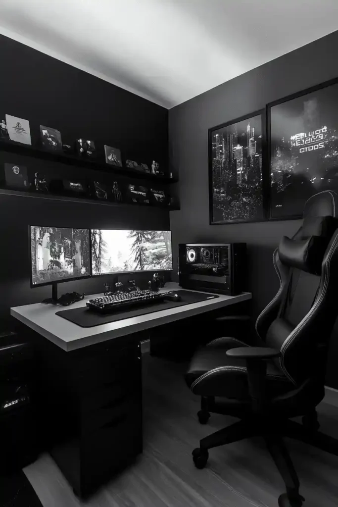 Monochrome gaming bedroom using black, white, and gray tones for elegance