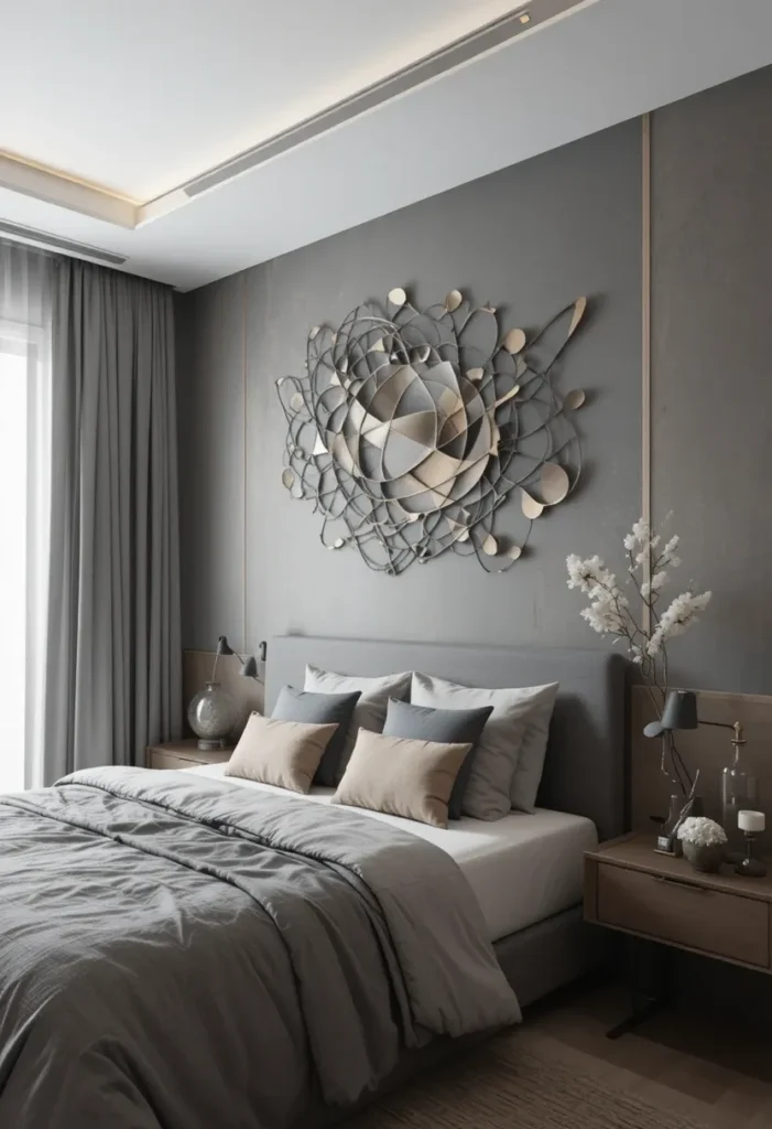 Minimalist bedroom wall with 3D metal sculpture adding depth.