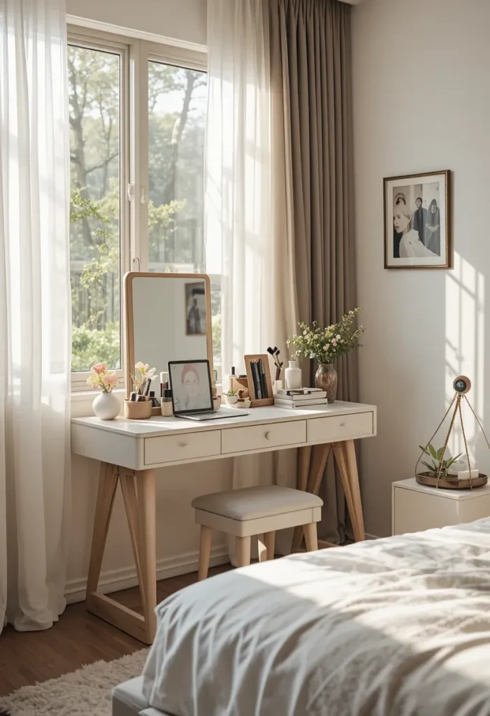 Bedroom vanity by the window with natural light and sheer curtains.