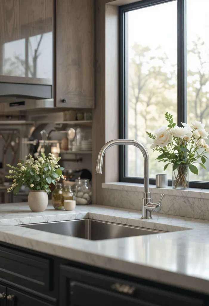 Kitchen sink with pull-down faucet for easier daily use