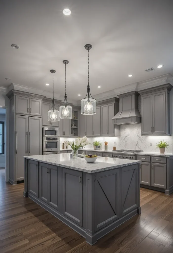 Layered kitchen lighting combining island pendants and ambient lights