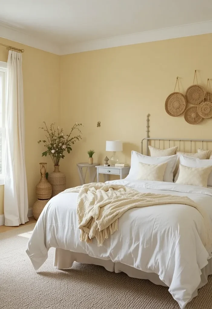 Soft pastel yellow bedroom with white bedding and natural textures