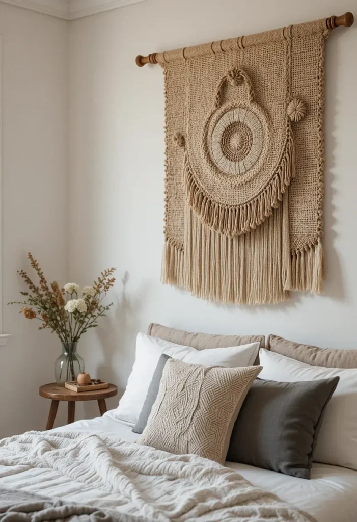 Woven fabric wall hanging adding texture and warmth to bedroom.