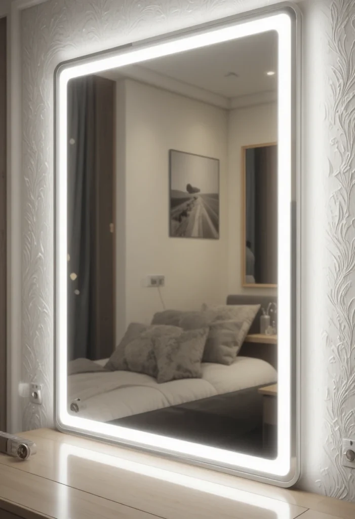 Bedroom vanity with LED mirror and adjustable lighting.