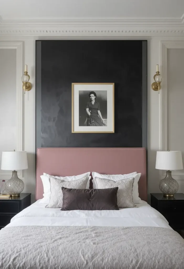 Statement headboard in a pink and black bedroom creating a striking focal point.