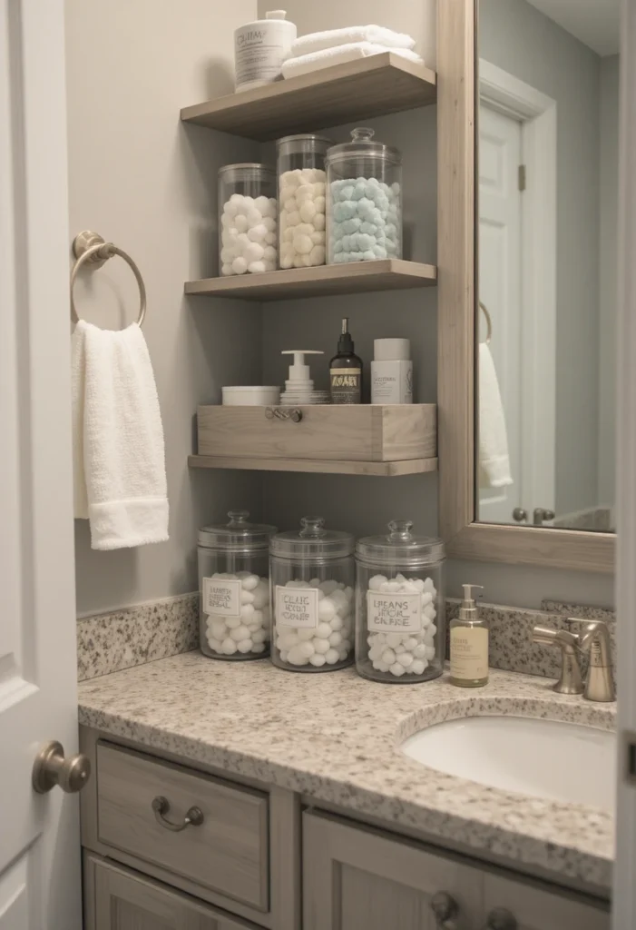Small bathroom storage using clear labeled containers for organization.