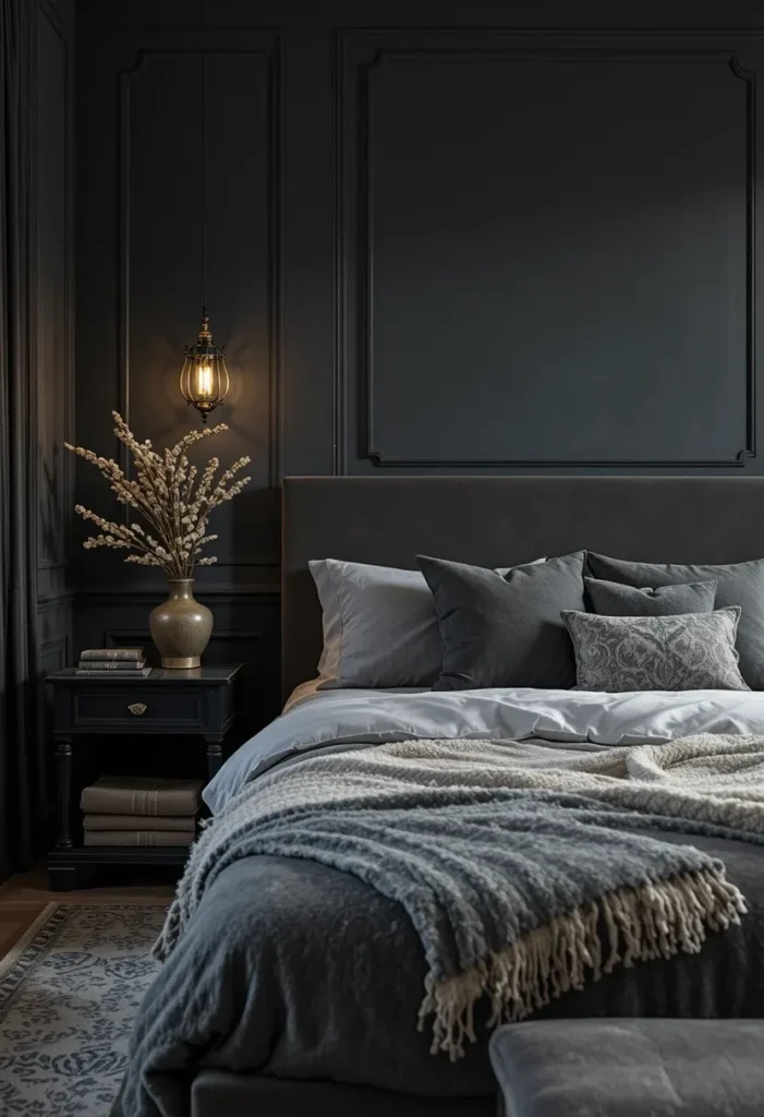 Moody bedroom with dark gray walls, warm lighting, and cozy textured décor.