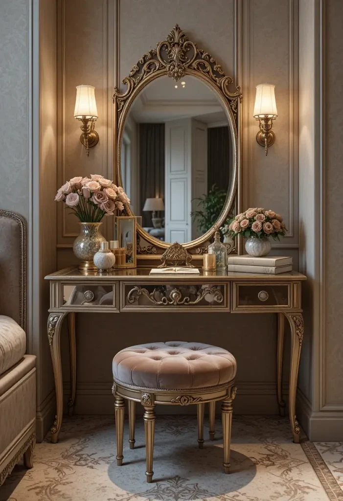 Luxury bedroom vanity with velvet upholstered stool and stylish décor.