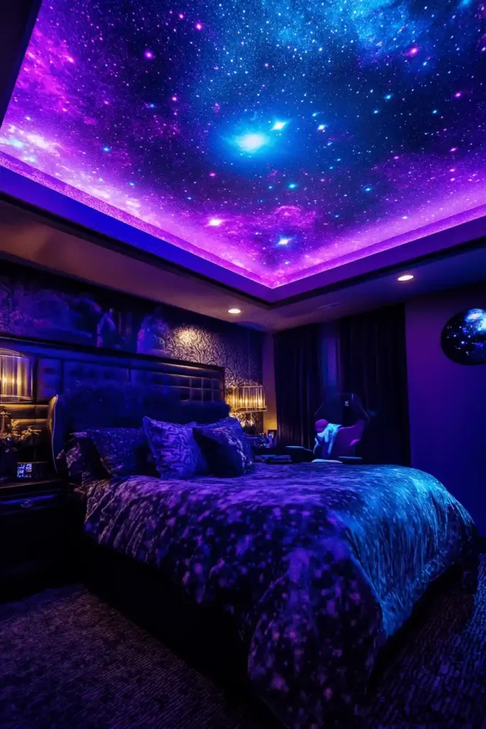 Galaxy-themed gaming bedroom with star decals and cosmic wall murals
