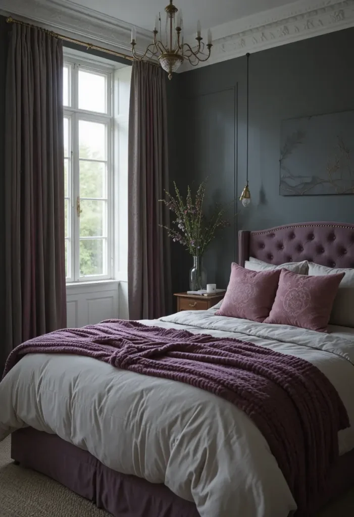 Cozy moody bedroom with layered textures for warmth and comfort.