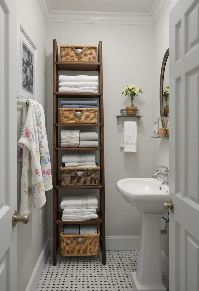 Small bathroom using vertical shelving to maximize storage.