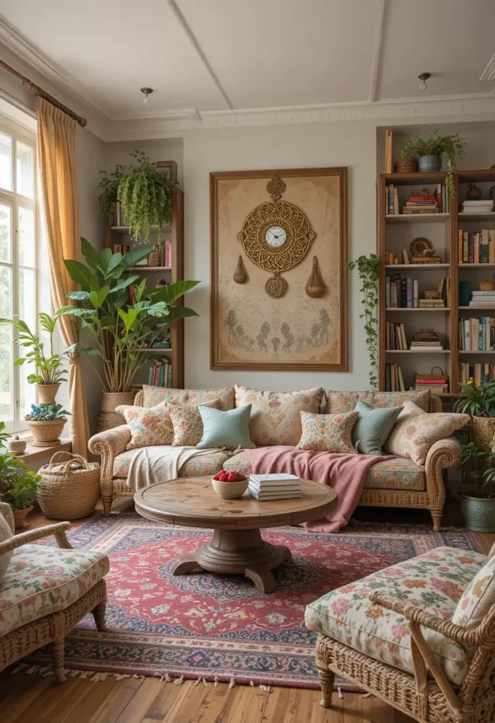 Boho-chic reading room with layered rugs, cushions, and eclectic decor