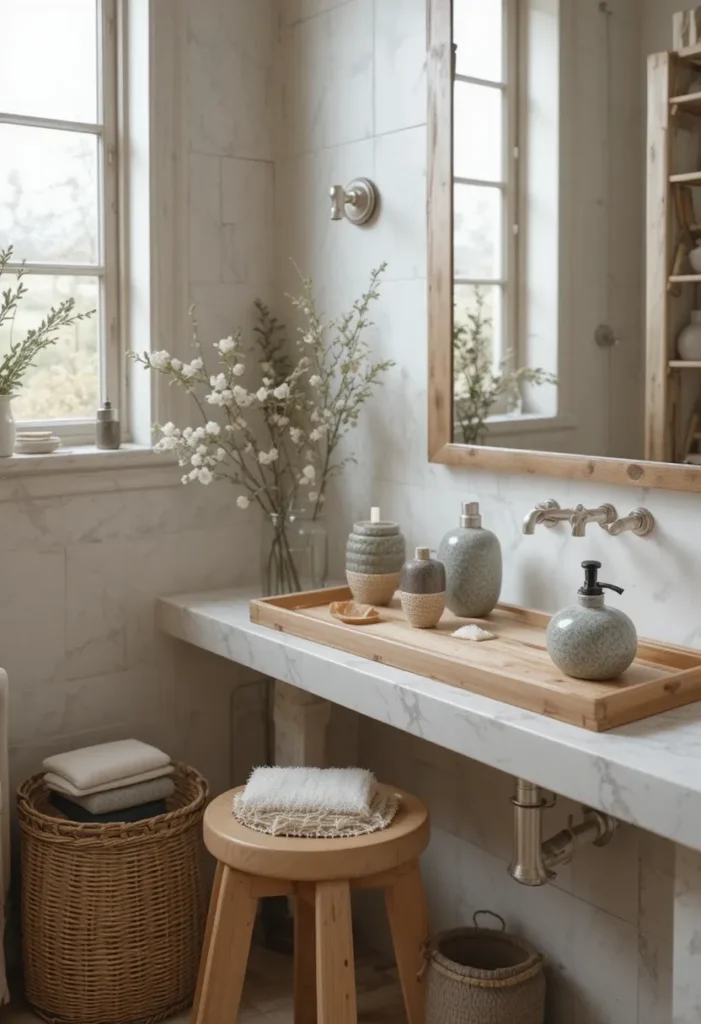 Warm bathroom with wooden, bamboo, and stone décor elements.