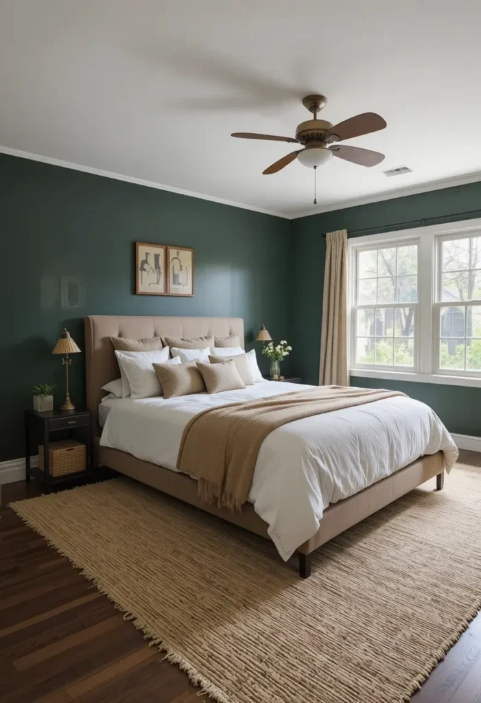 Dark green bedroom with beige accents for warmth