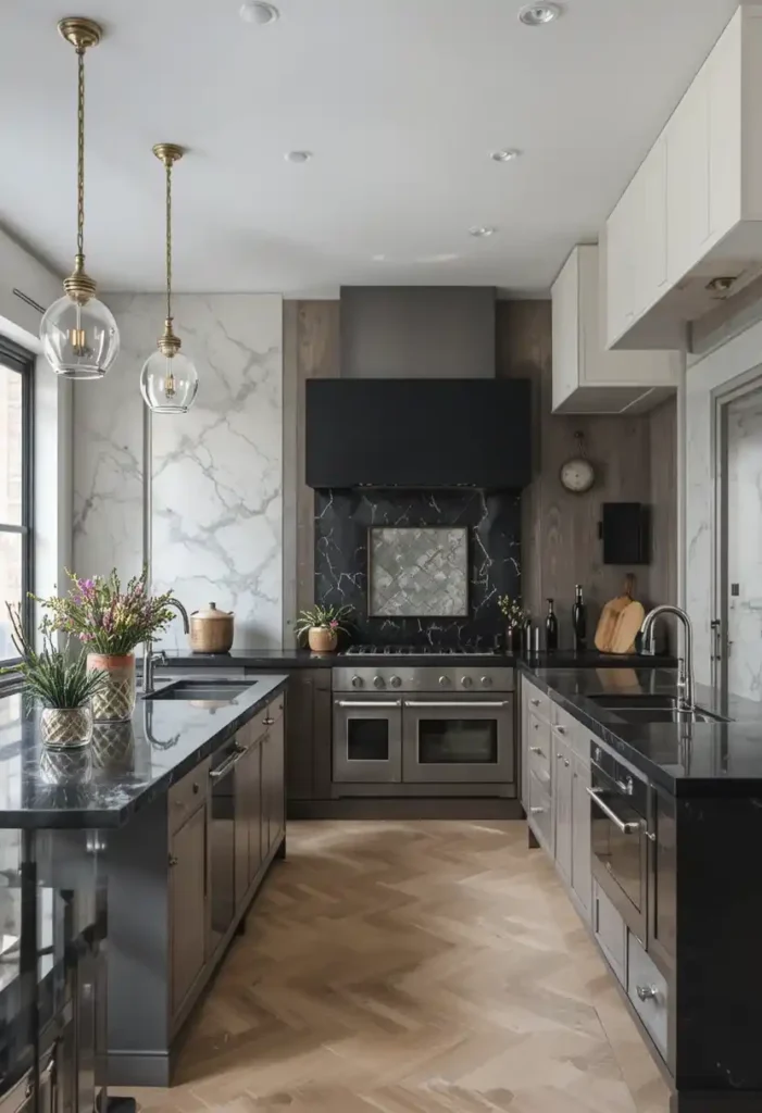 Black countertops with elegant pendant lighting