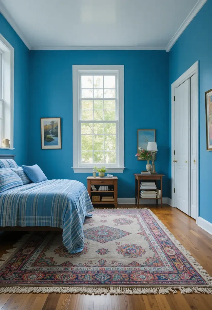 Layered rugs adding warmth to a blue bedroom